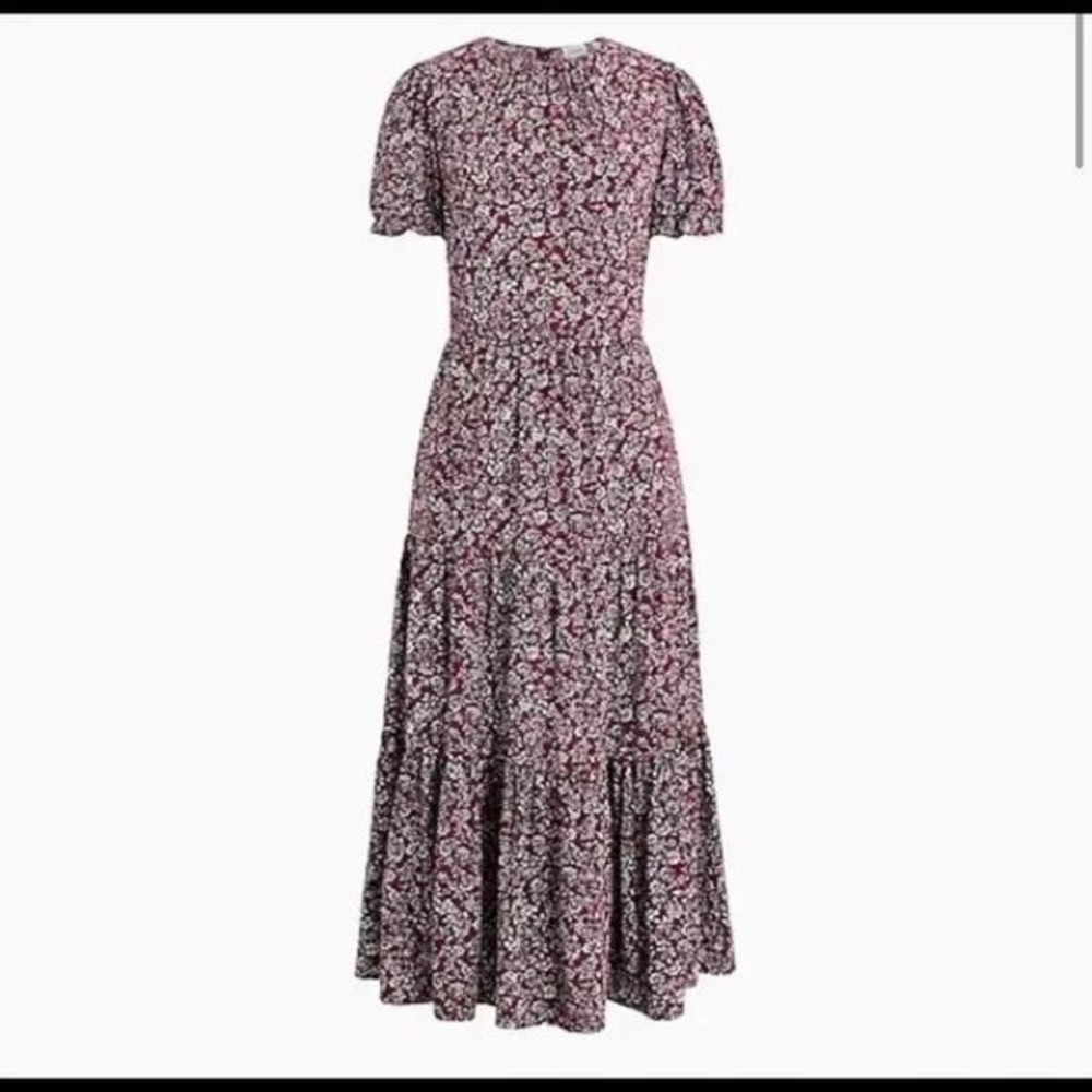 J.Crew Floral Tiered Puff Midi Dress L Ditzy Prairie Country Peasant Cottagecore